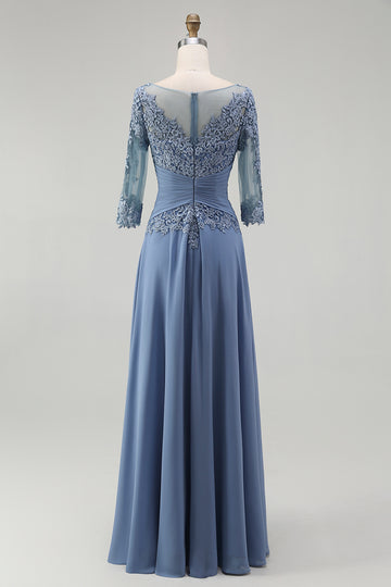 Dusty Blue A Line Chiffon Lace Plus Size Long Mother of the Bride Dress with Sleeves